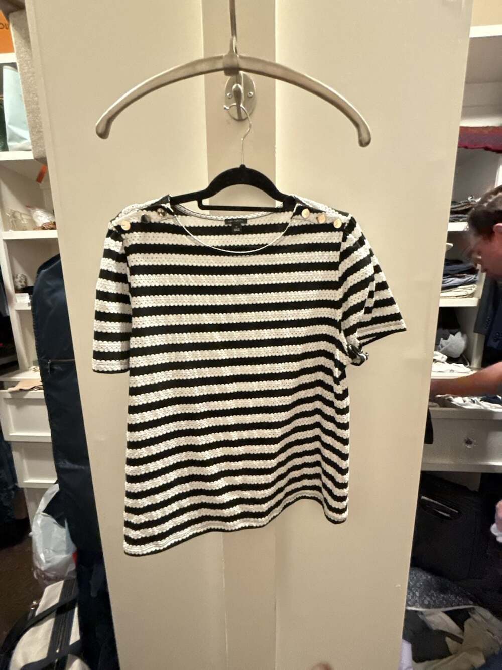 Ann Taylor Black and White Striped Short Sleeve Knit Top with Shoulder Buttons X